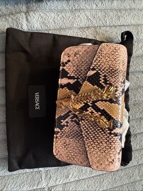 Versace Pink and Black Snake-Print Mini Bag with Gold Hardware